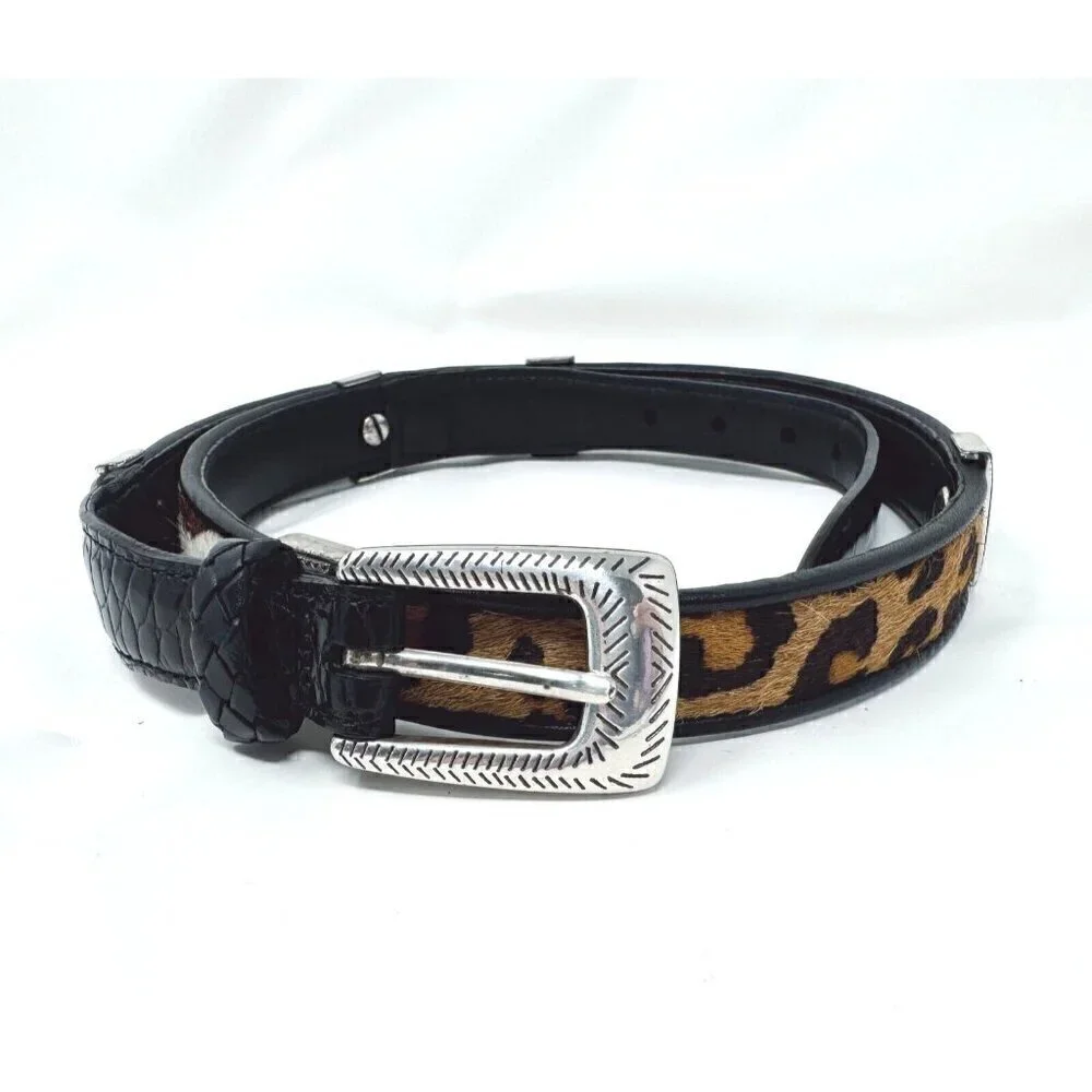 Brighton Sz M/L Black Leather Leopard Print Pony Calf Hair Patchwork Belt Mix